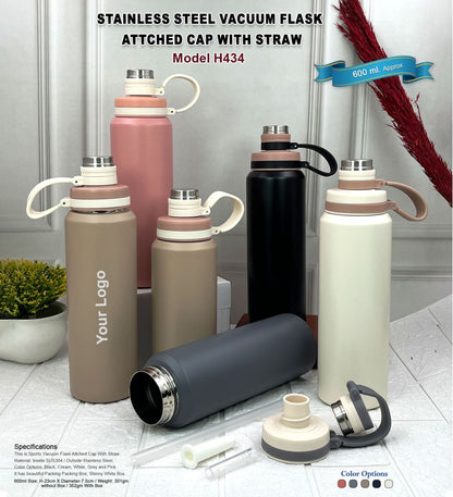 Stainless Steel Vacuum Flask with Attached Cap & Straw – 600ml