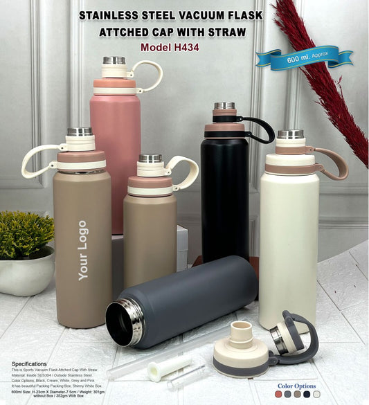 Stainless Steel Vacuum Flask with Attached Cap & Straw – 600ml