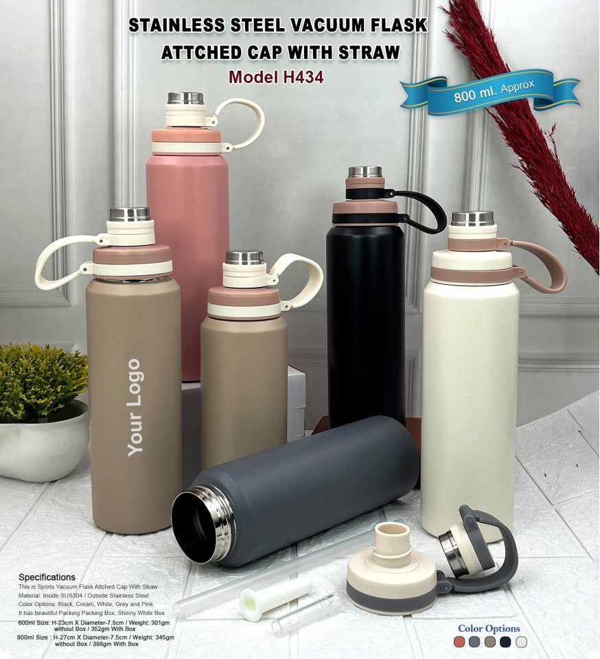 Stainless Steel Vacuum Flask with Attached Cap & Straw – 800ml