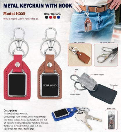 Premium Metal Keychain with Hook & PU Leather