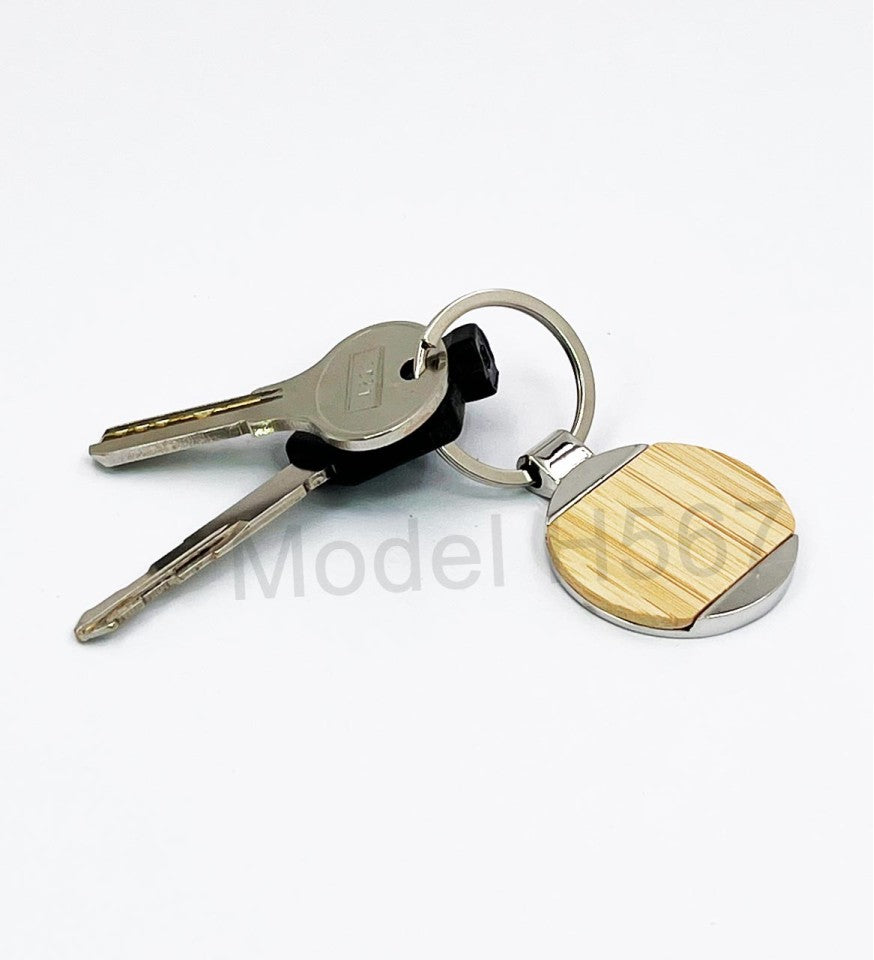 Round Shape Wooden Metal Keychain