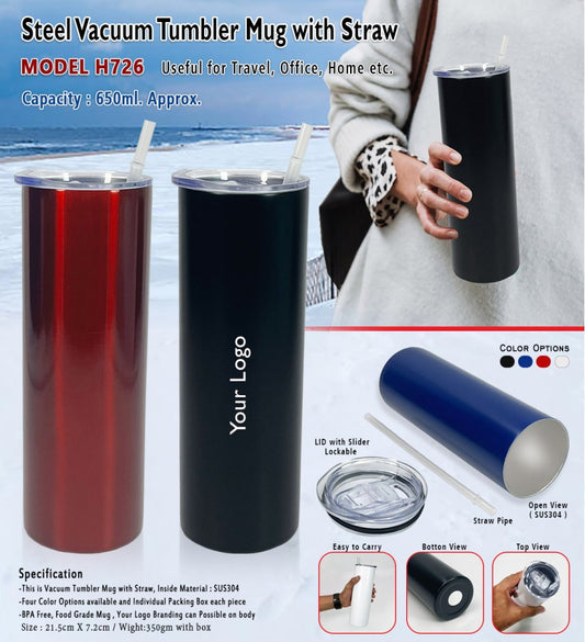 Steel Vacuum Tumbler Mug with Straw – 650ml