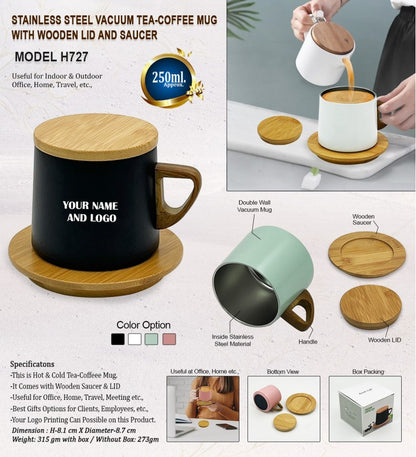 Stainless Steel Vacuum Tea-Coffee Mug with Wooden Lid & Saucer – 250ml