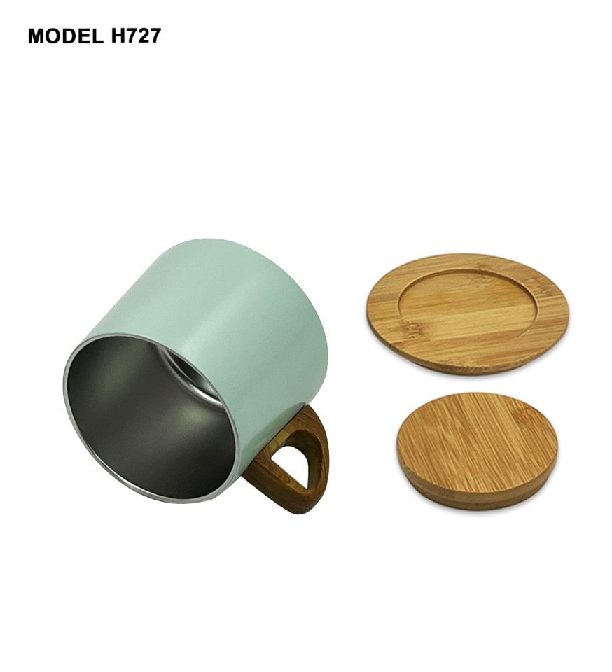 Stainless Steel Vacuum Tea-Coffee Mug with Wooden Lid & Saucer – 250ml