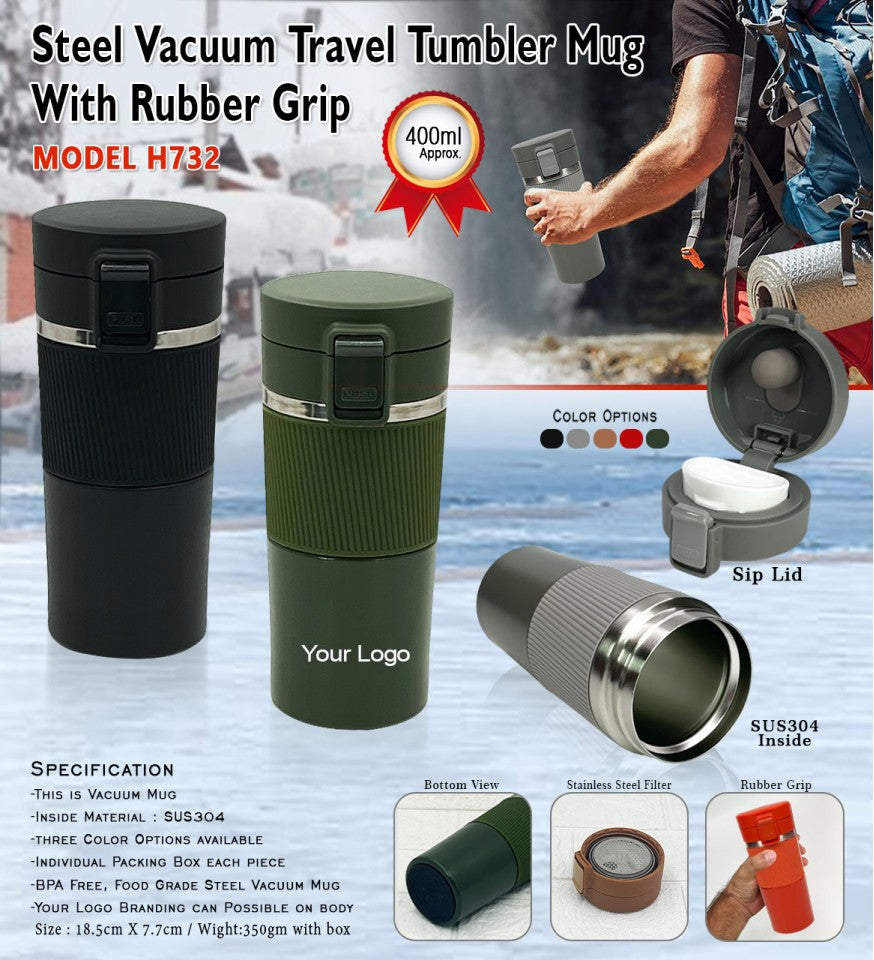 Steel Vacuum Travel Tumbler Mug with Rubber Grip – 400ml