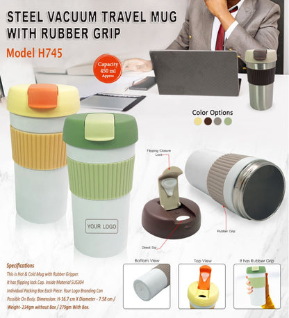 Steel Vacuum Travel Mug with Rubber Grip – 450ml