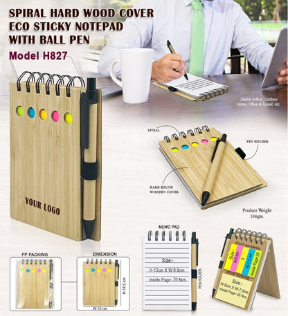 Spiral Hard Wood Cover Eco Sticky Notepad with Ball Pen