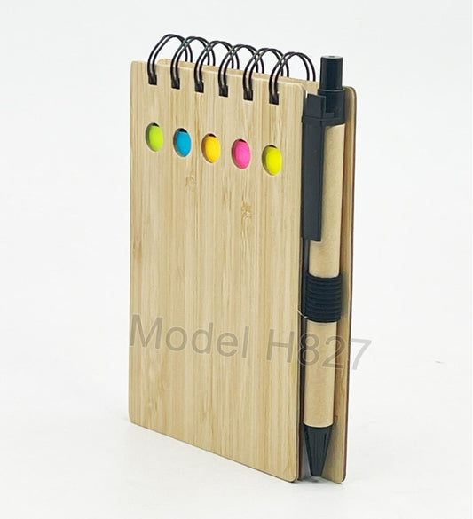 Spiral Hard Wood Cover Eco Sticky Notepad with Ball Pen