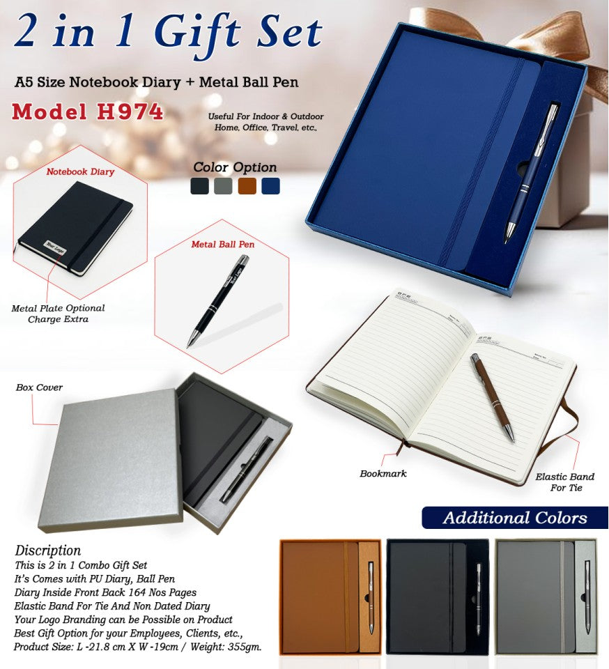 2-in-1 Executive Gift Set – A5 Notebook Diary, Metal Ball Pen