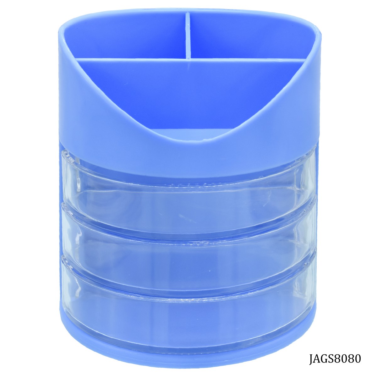 Blue Multi-Compartment Rotating Desk Organizer with Transparent Drawers