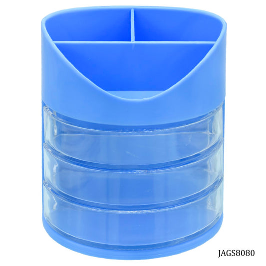 Blue Multi-Compartment Rotating Desk Organizer with Transparent Drawers