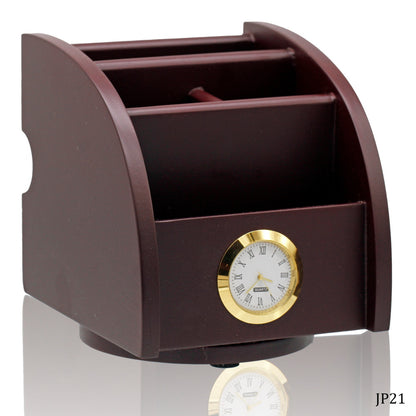 Regal Mahogany Wooden Desk Organizer with Clock