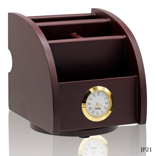 Regal Mahogany Wooden Desk Organizer with Clock