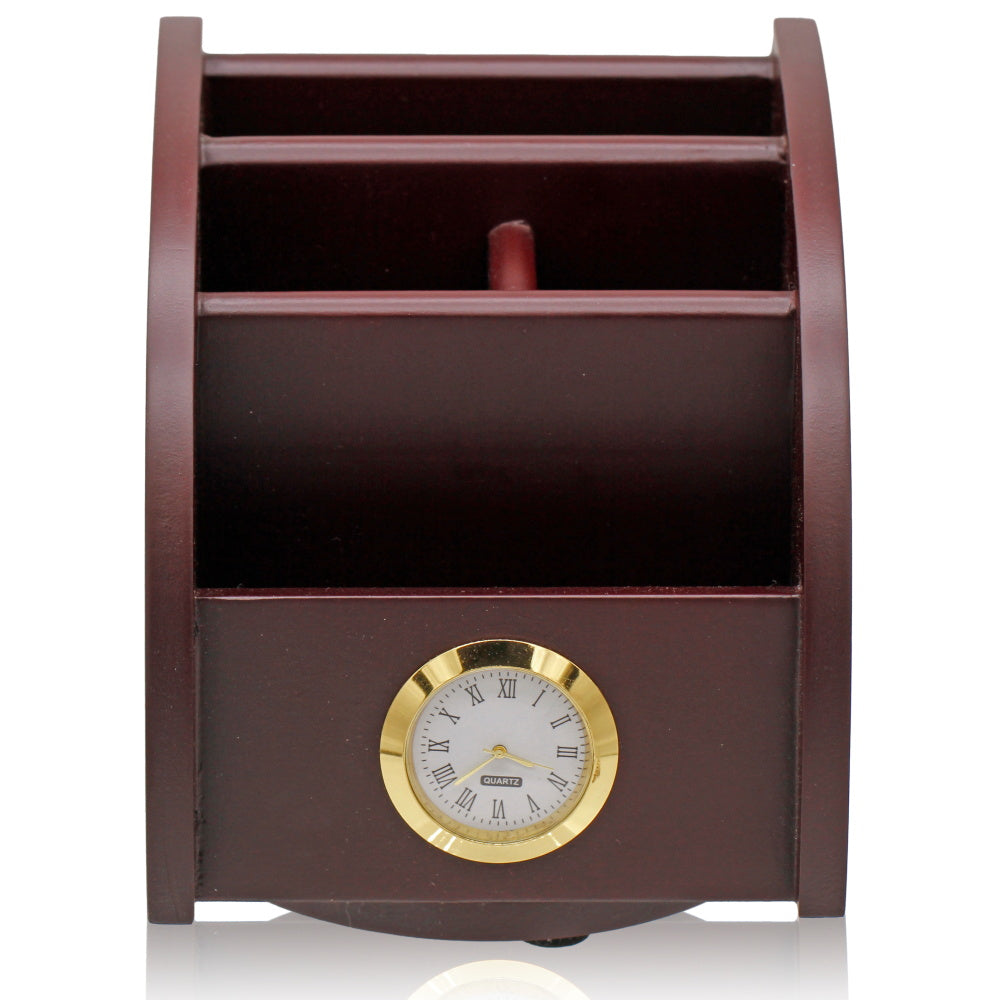 Regal Mahogany Wooden Desk Organizer with Clock