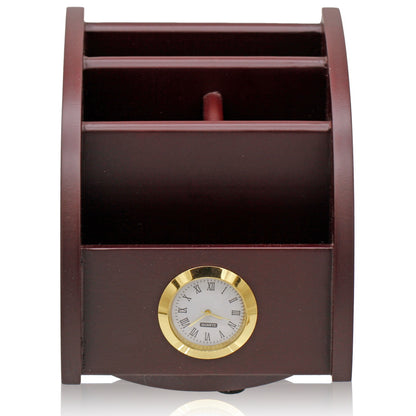 Regal Mahogany Wooden Desk Organizer with Clock