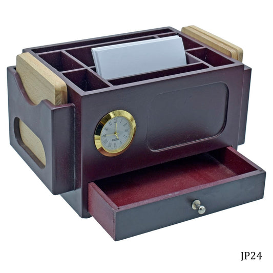 Executive Multi-Slot Wooden Desk Organizer with Clock & Drawer