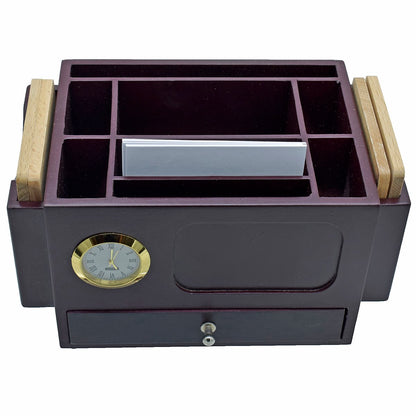 Executive Multi-Slot Wooden Desk Organizer with Clock & Drawer
