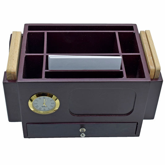 Executive Multi-Slot Wooden Desk Organizer with Clock & Drawer