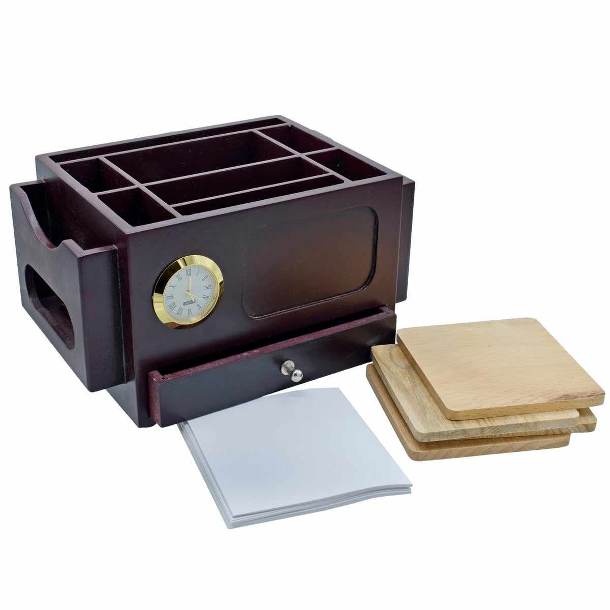 Executive Multi-Slot Wooden Desk Organizer with Clock & Drawer