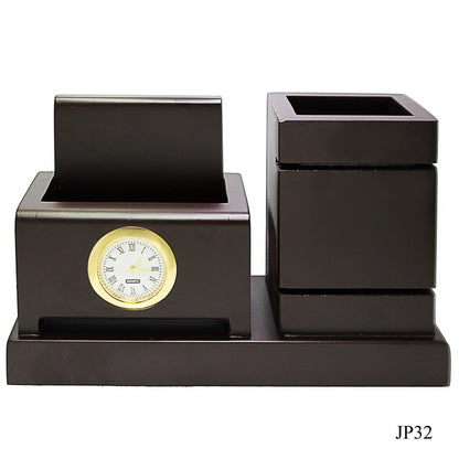 Classic Twin-Block Wooden Desk Organizer with Clock