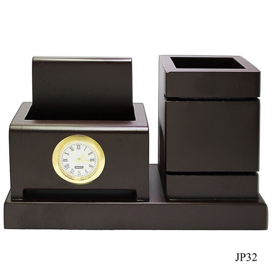 Classic Twin-Block Wooden Desk Organizer with Clock