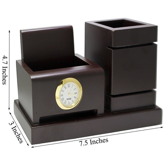Classic Twin-Block Wooden Desk Organizer with Clock