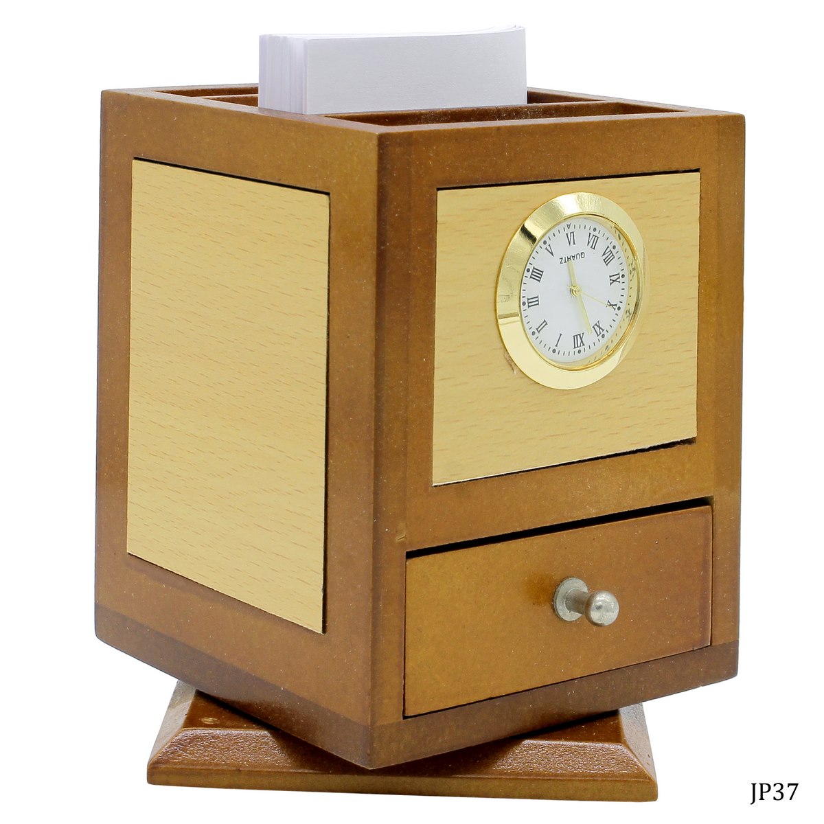 Rotating Wooden Desk Organizer with Clock & Drawer