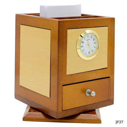 Rotating Wooden Desk Organizer with Clock & Drawer