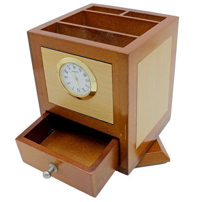 Rotating Wooden Desk Organizer with Clock & Drawer