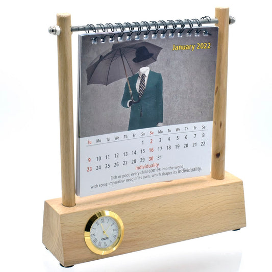 Wooden Desktop Calendar Stand with Clock