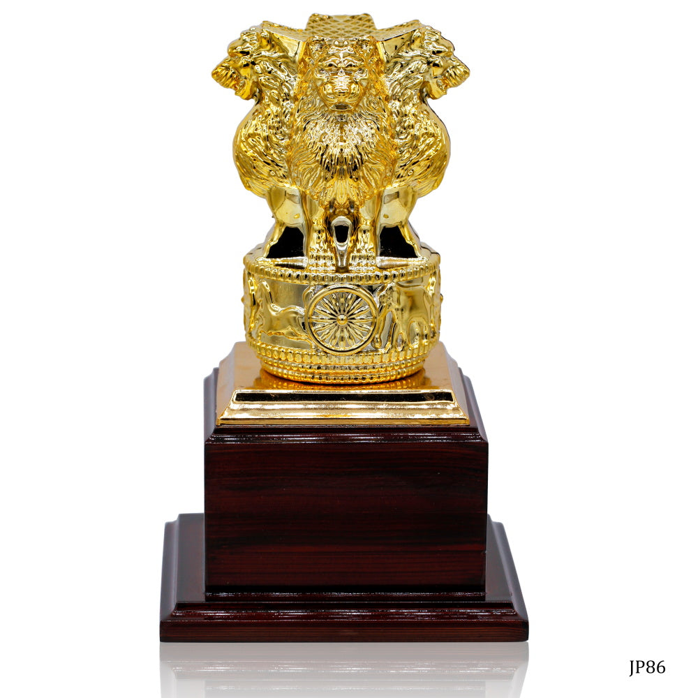 Gold Ashoka Pillar Replica on Wooden Base