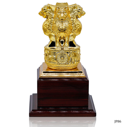 Gold Ashoka Pillar Replica on Wooden Base