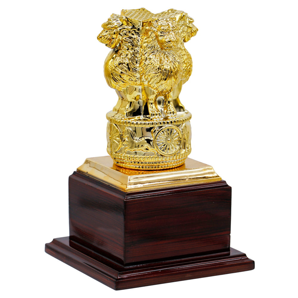 Gold Ashoka Pillar Replica on Wooden Base
