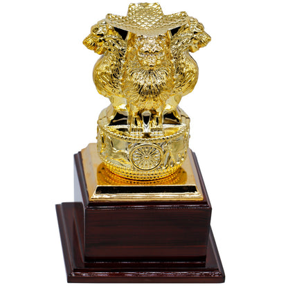Gold Ashoka Pillar Replica on Wooden Base