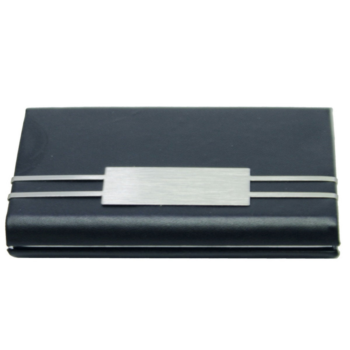 Premium Black Leatherette Card Holder with Dual-Line Metal Accent