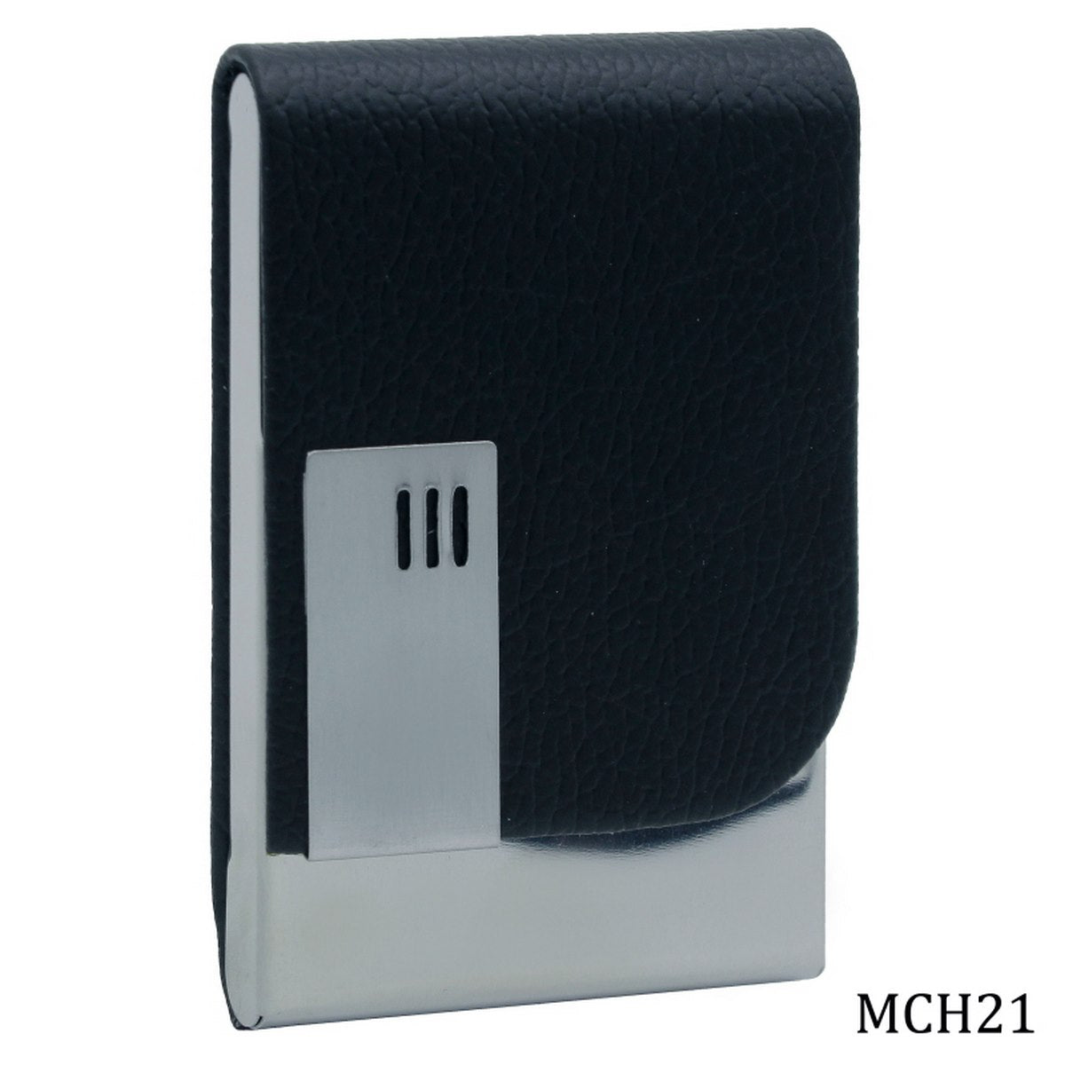 Vertical Leatherette Business Card Holder with Brushed Metal Accent