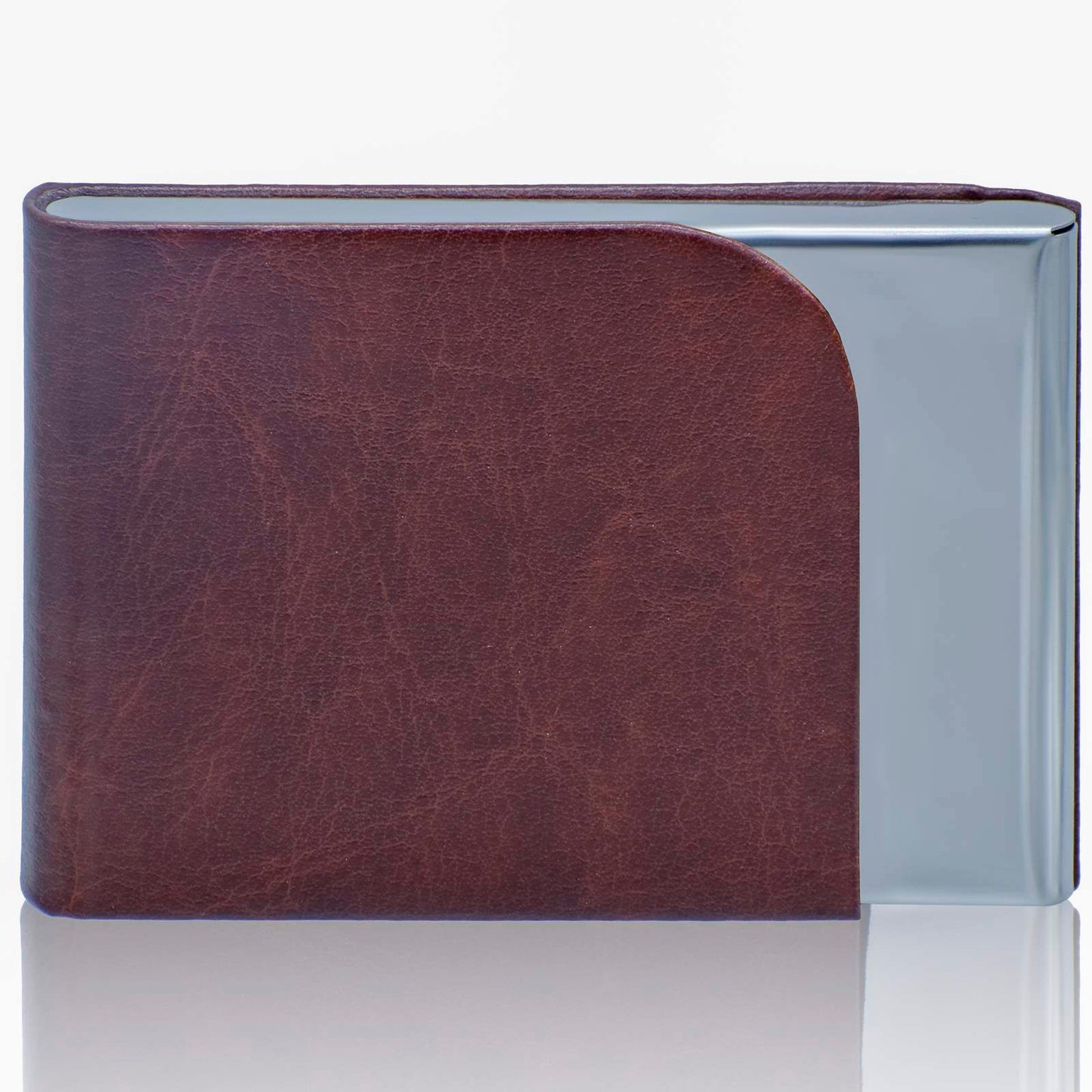 Classic Brown Leatherette Business Card Holder with Chrome Edge