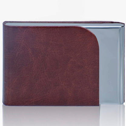 Classic Brown Leatherette Business Card Holder with Chrome Edge