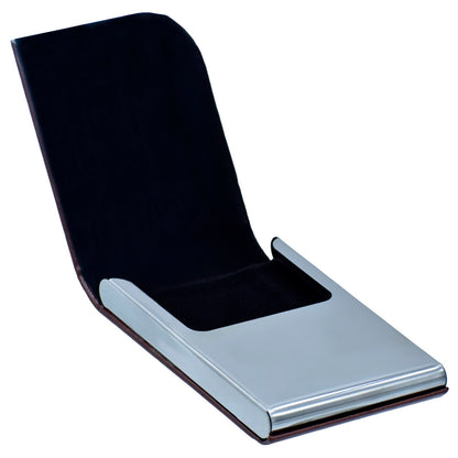 Classic Brown Leatherette Business Card Holder with Chrome Edge