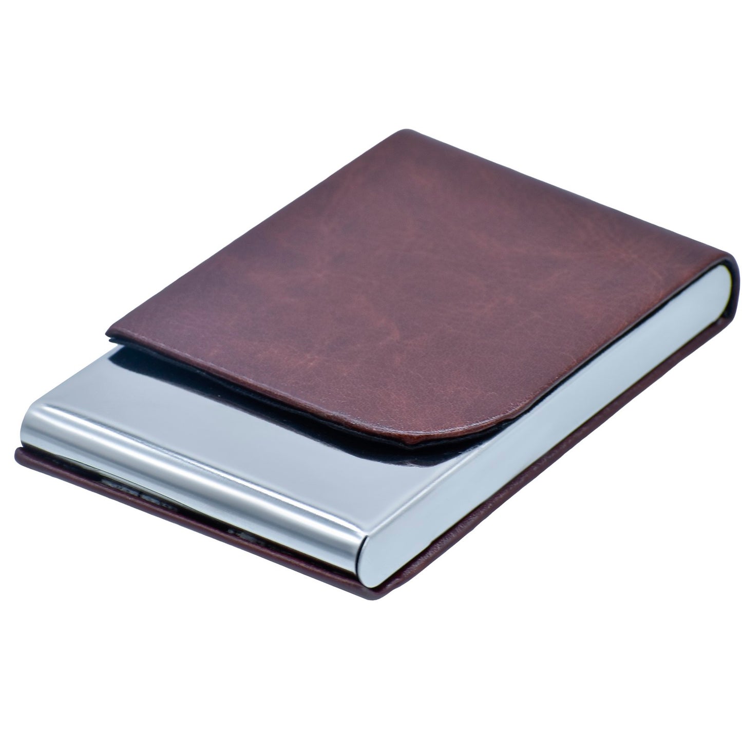 Classic Brown Leatherette Business Card Holder with Chrome Edge