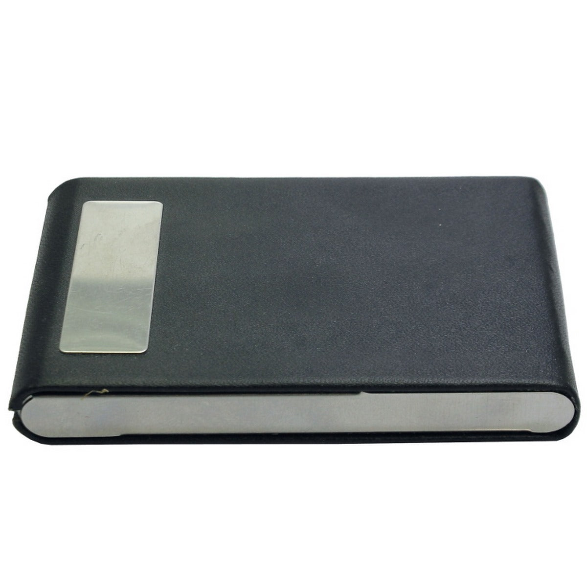 Premium Black Leatherette Business Card Holder with Steel Accent