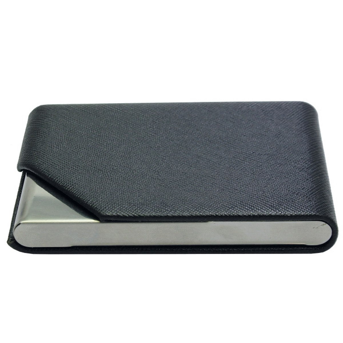 Textured Black PU Leather Business Card Holder with Steel Trim