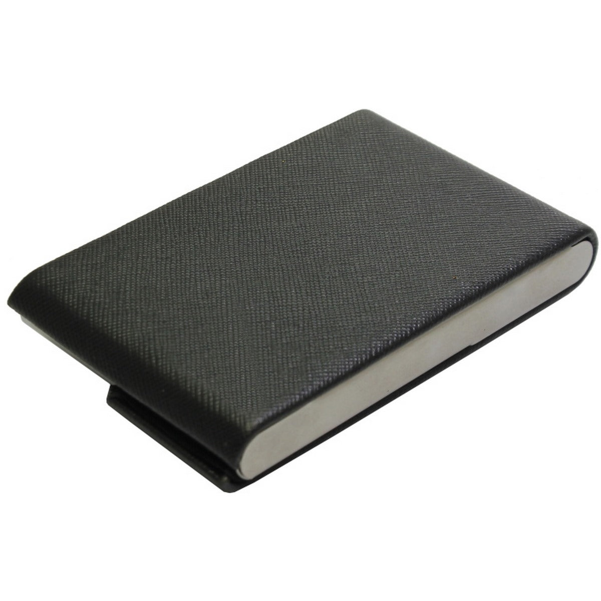 Textured Black PU Leather Business Card Holder with Steel Trim