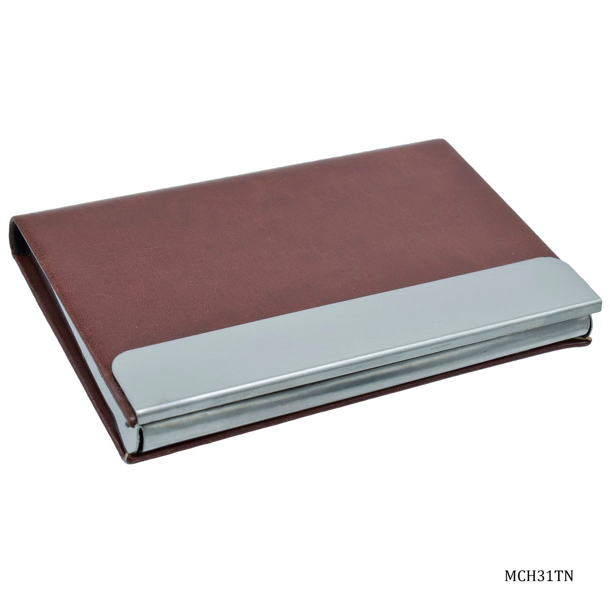 Tan PU Leather Business Card Holder with Steel Accent