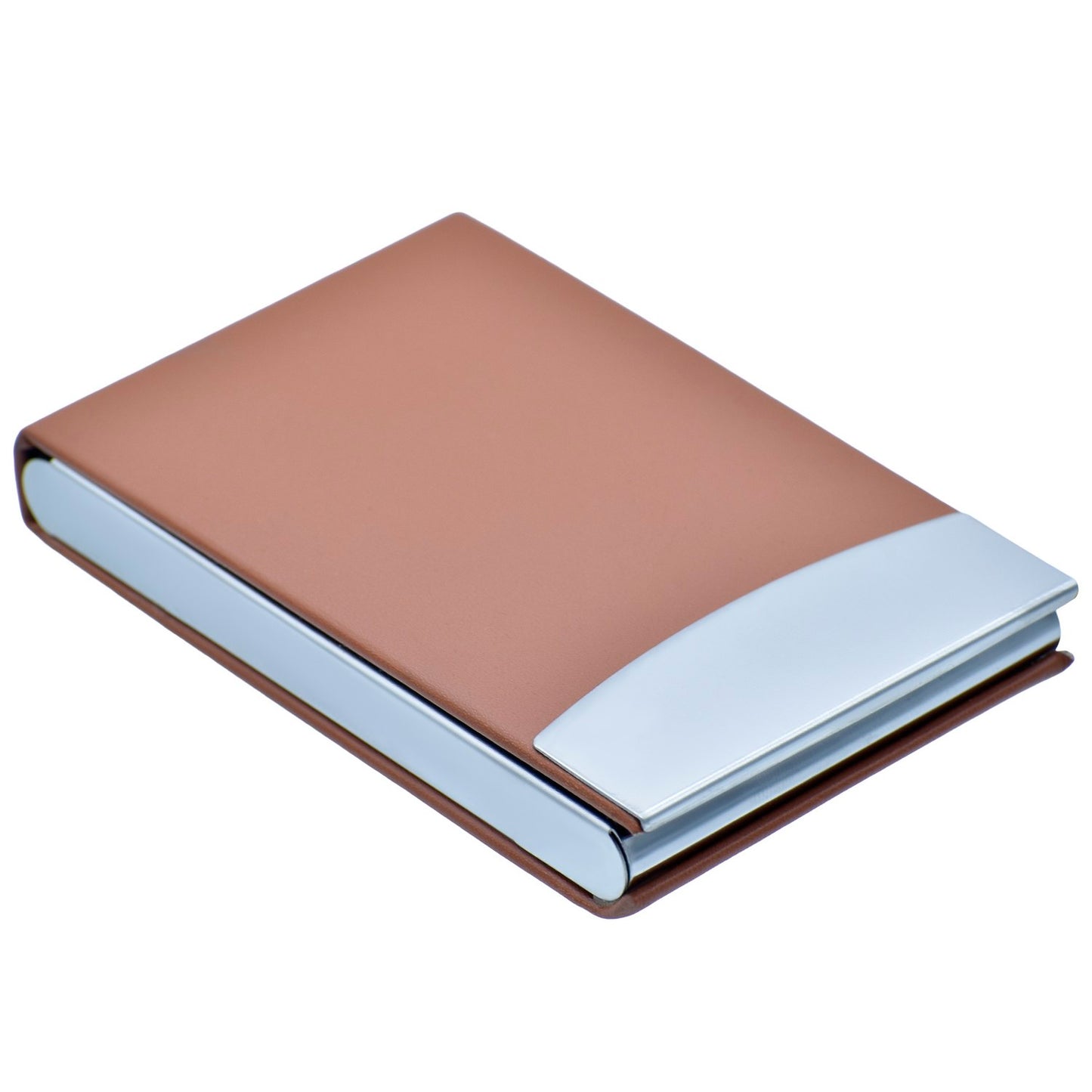Vertical Tan PU Leather Card Holder with Chrome Accent