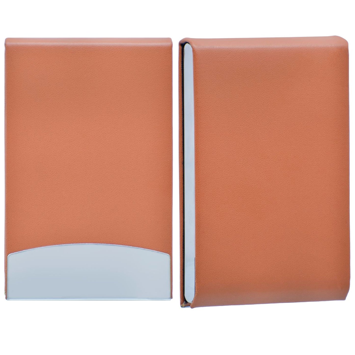 Vertical Tan PU Leather Card Holder with Chrome Accent