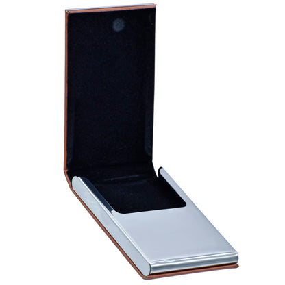 Vertical Tan PU Leather Card Holder with Chrome Accent