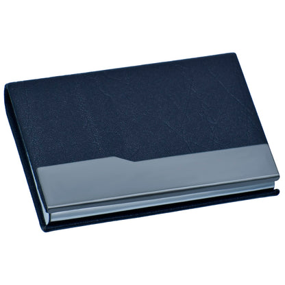 Navy Blue Leatherette Card Holder with V-Cut Chrome Accent