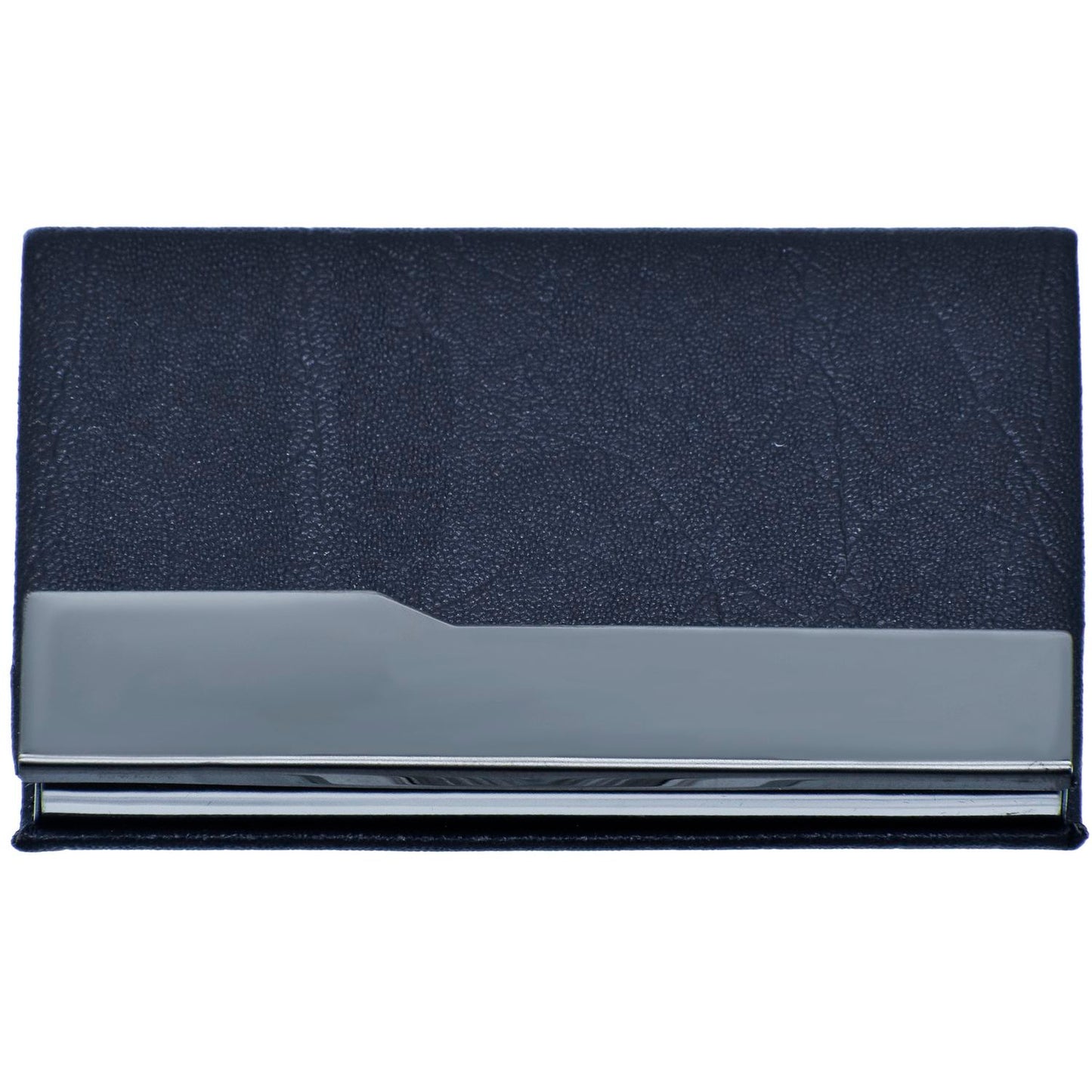Navy Blue Leatherette Card Holder with V-Cut Chrome Accent