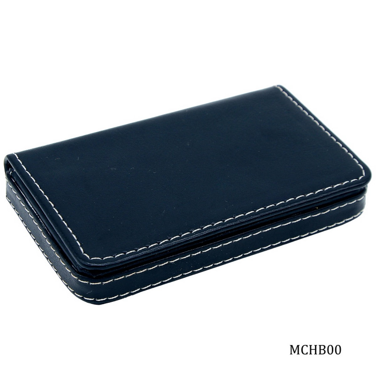 Classic Navy Blue Leatherette Card Holder with White Stitching